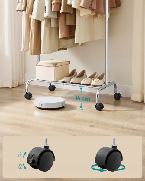 Mobilny wieszak stojak na ubrania z dolną półką na buty 156 cm loft srebrny