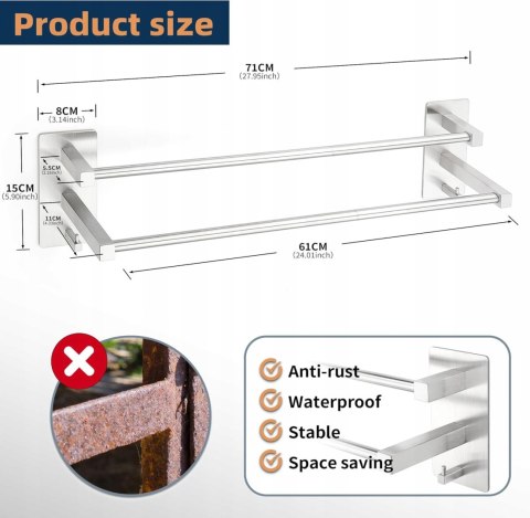 Podwójny Wieszak na Ręczniki 60 cm ze Stali Nierdzewnej