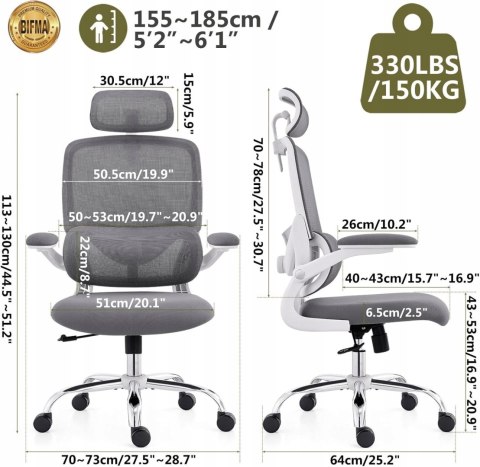 TONFARY Ergonomiczny fotel biurowy do domu z wysokim oparciem z siatki