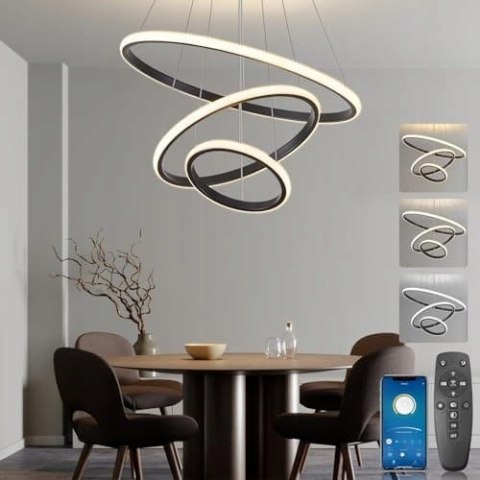 BRIMETI Lampa Wisząca Czarna LED 45W Regulowana Z Pilotem Do Jadalni