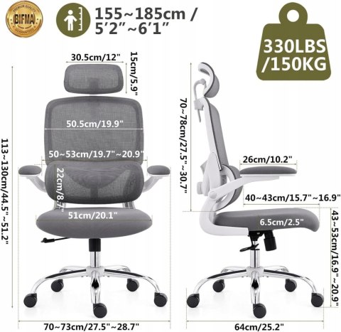 TONFARY Ergonomiczny fotel biurowy do domu z wysokim oparciem z siatki